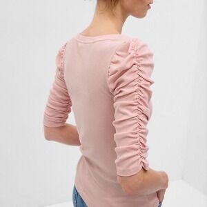 Gap Womens Pink Ribbed Ruched Puff Sleeve V-Neck Top
